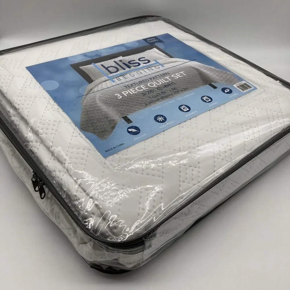 Bliss Bedding White Textured Pattern 3 Piece Quilt Set Queen w/ Two Pillow Cases